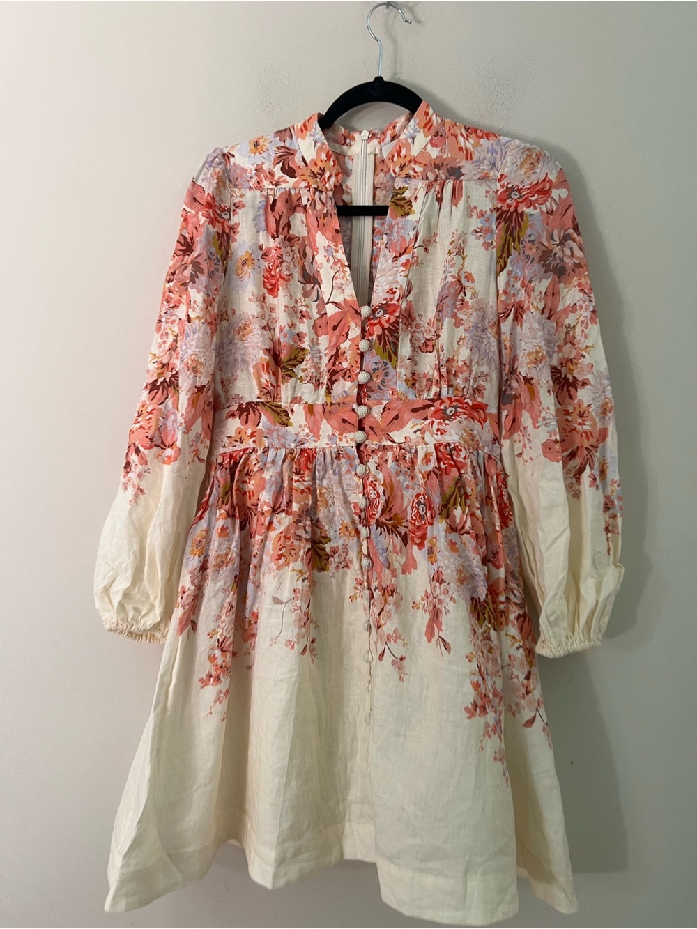 Zimmermann Pink and White Floral Puff-Sleeve Devi plunge Mini Dress - Picture 8 of 16